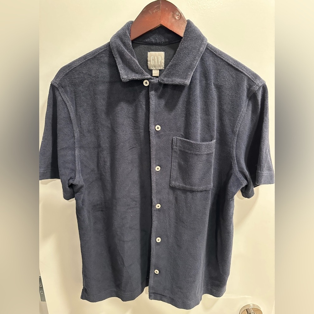 GAP Blue Casual Terry Cloth Button Down Shirt with Classic Collar
